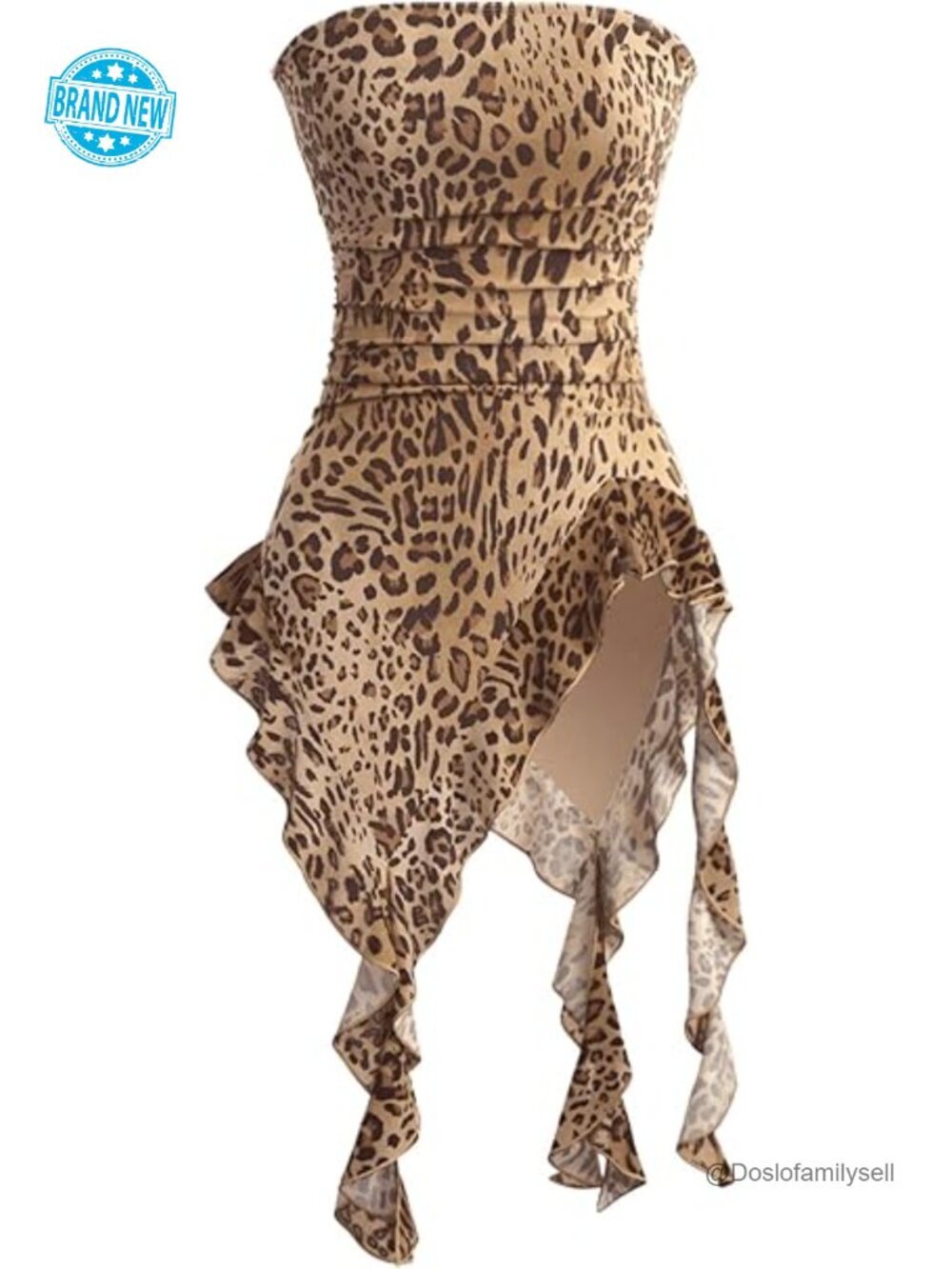 Leopard Print Bandeau Tube Top with Sheer Mesh Ruffle Trim Fitted Y2K Top
